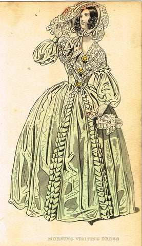 Lady's Cabinet Fashion Plate - "MORNING VISITING DRESS (WHITE)" - Hand-Colored Engraving - 1840