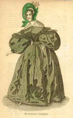 Lady's Cabinet Fashion Plate - "MORNING DRESS (Green)" - Hand-Colored Engraving - 1840