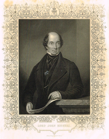 Elaborate Scrollwork Bordered Portrait - "LORD JOHN RUSSELL" - Steel Engraving - c1840