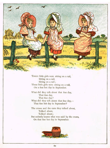 Kate Greenaway's  - "THREE LITTLE GIRLS SITTING ON A RAIL" - Chromolithograph - 1878
