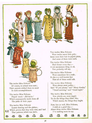 Kate Greenaway's 'Under the Window' - "THE TWELVE MISS PELICOES" - Chromolithograph - 1878