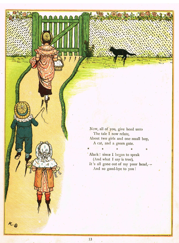 Kate Greenaway's 'Under the Window' - "RACING BLACK CAT TO GREEN GATE" - Chromolithograph - 1878