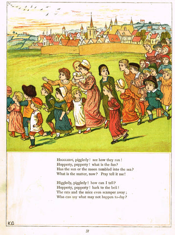 Kate Greenaway's - "HIGGLEDY PIGGLEDY, SEE HOW THEY RUN"  - Chromolithograph - 1878