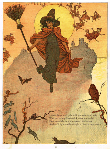 Kate Greenaway's 'Under the Window' - "COME RIDE WITH ME ON MY BROOMSTICK"  - Chromolithograph - 1878