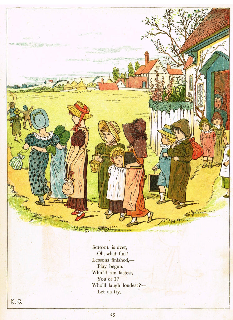 Kate Greenaway's 'Under the Window' - "SCHOOL IS OVER, OH WHAT FUN"  - Chromolithograph - 1878