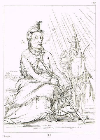 George Catlin's "MEDICINE MAN SMOKING PEACE PIPE" - Line Drawing - Plate 72 - 1857