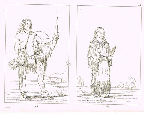 George Catlin's "INDIAN WARRIOR & SQUAW" - Line Drawing - Plate 73 & 74 - 1857