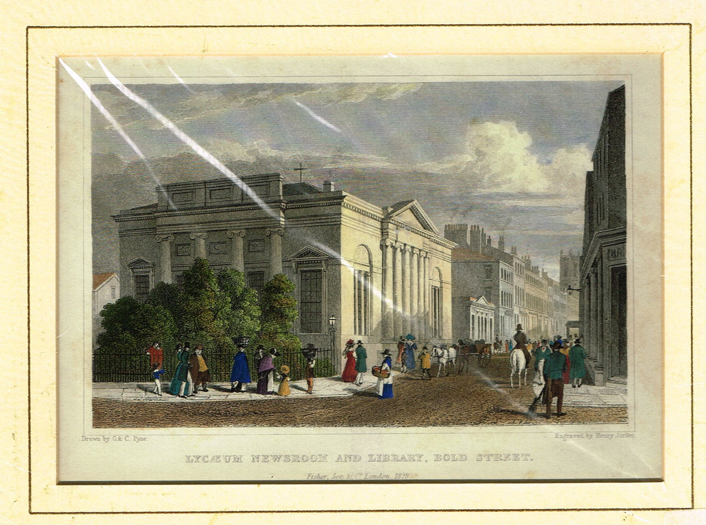 Antique Scene "LYCAEUM NEWSROOM AND LIBRARY, BOLD STREET" - Hand Colored  Engraving - 1828