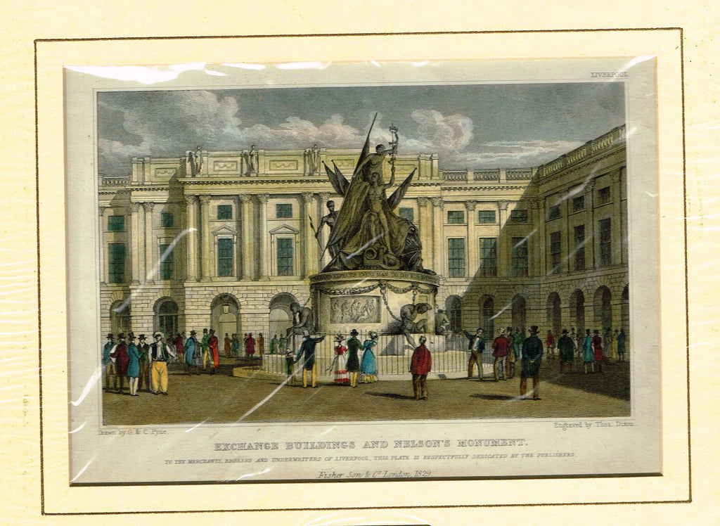 Antique Scene "EXCHANGE BUILDINGS & NELSON'S MONUMENT" - Hand Colored  Engraving - 1829