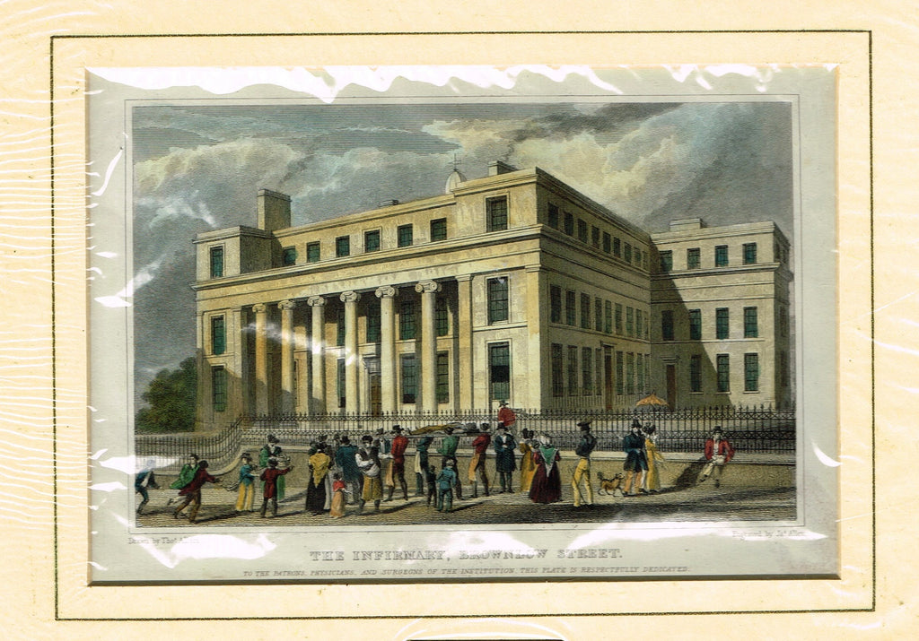 Antique Scene "THE INFIRMARY, BROWNLOW STREET" by Allom - Hand Colored  Engraving - 1829
