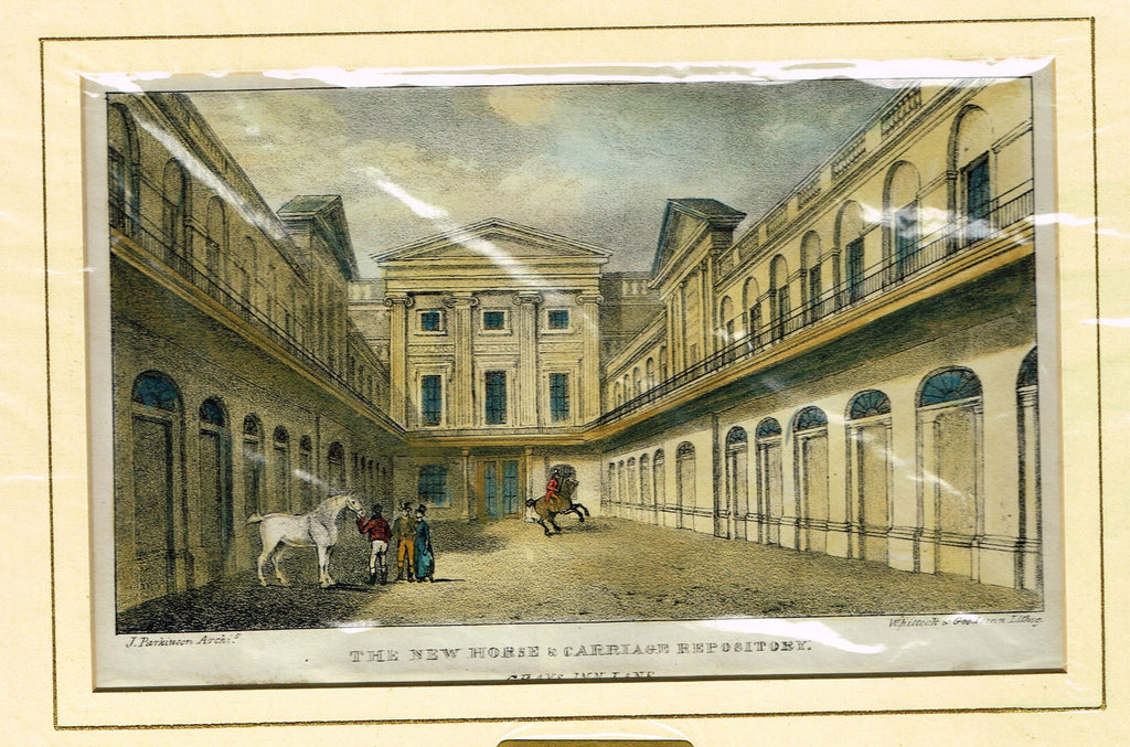 Antique Scene "THE NEW HORSE & CARRIAGE REPOSITORY, GRAY'S INN LANE" - Hand Colored  Engraving - 1828