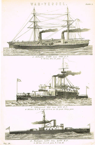 Antique Marine Print - "WAR VESSELS" - Lithograph - c1890