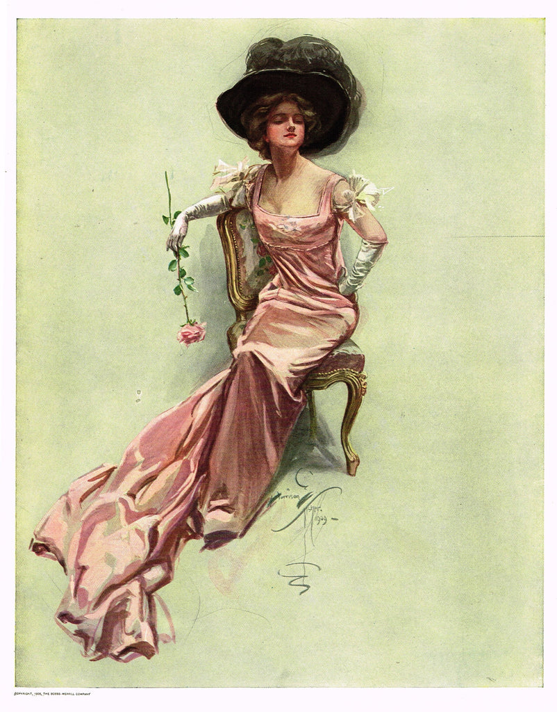 Harrison Fisher's - "LOVELY WOMAN WITH PINK ROSE" - Lithograph - 1908
