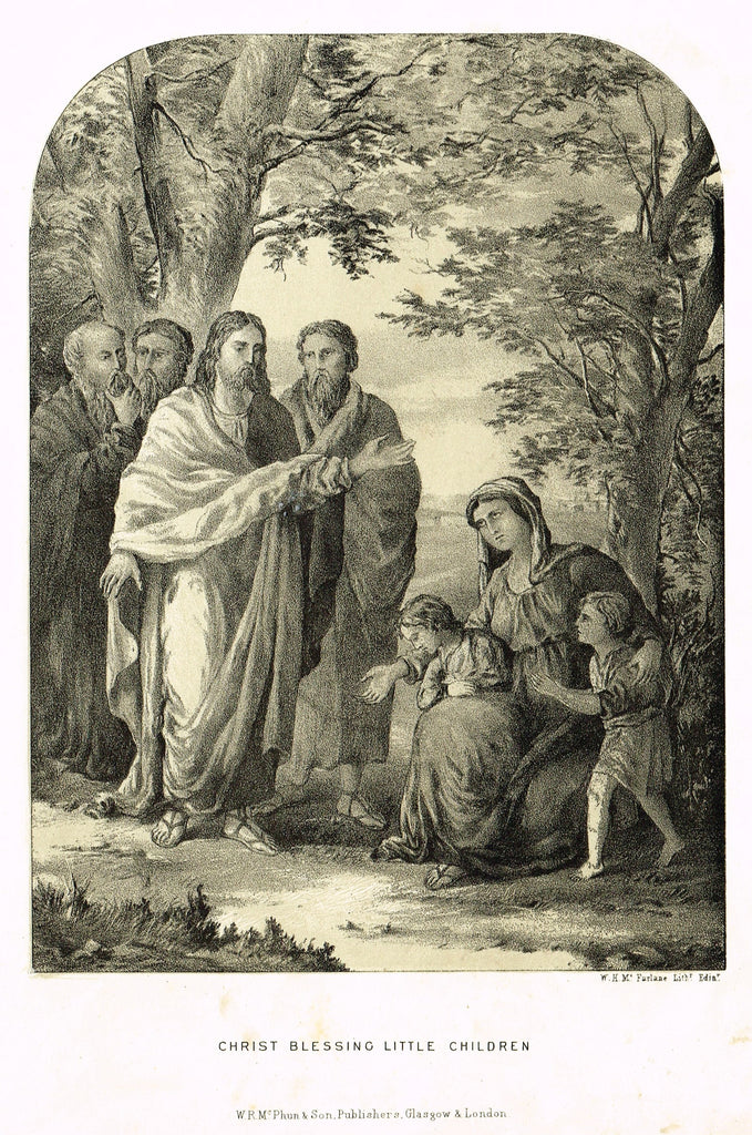 Antique Religious Print - "CHRIST BLESSING LITTLE CHILDREN" - Lithograph - c1850