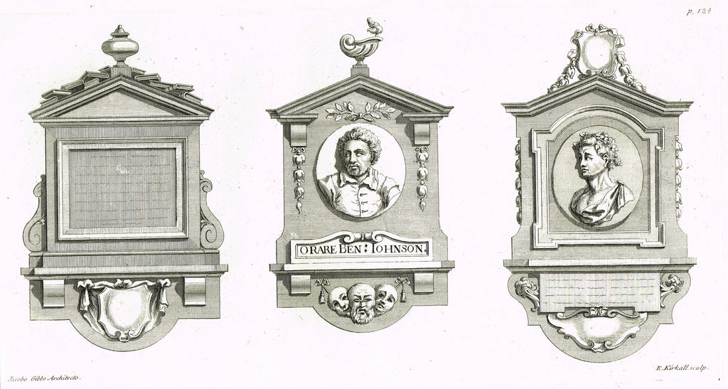 Gibbs's Architecture - "MONUMNET FOR BEN JOHNSON, WESTMINSTER ABBEY" - Copper Engraving - 1739