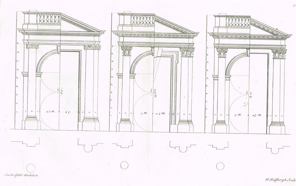 Gibbs's Architecture - "PROPORTION OF GATES TO DOORS" - Copper Engraving - 1739