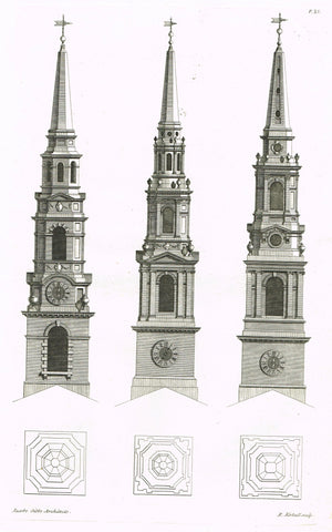 Gibbs's Architecture - "STEEPLES FOR ST. MARTIN'S CHURCH" - Copper Engraving - 1739