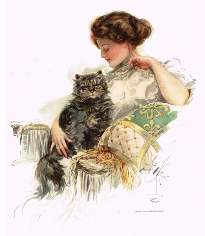 Harrison Fisher's - "LOVELY WOMAN WITH BLACK CAT" - Lithograph - 1908