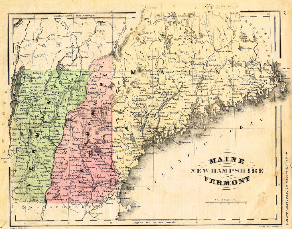 McNally's System Map - "MAINE, NEW HAMPSHIRE, VERMONT" - Hand-Colored Lithogrpah - 1866