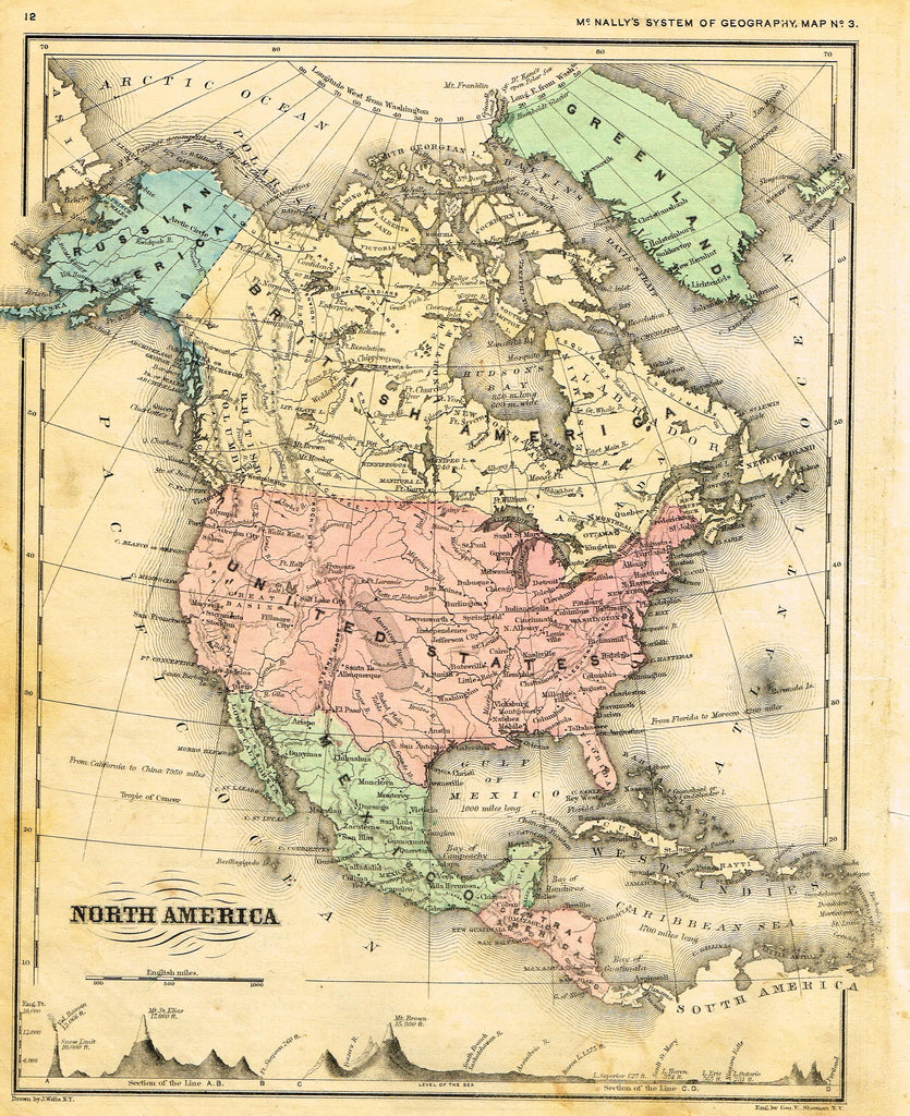 McNally's System Map - "NORTH AMERICA" - Hand-Colored Lithogrpah - 1866