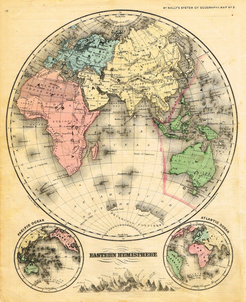 McNally's System Map - "EASTERN HEMISPHERE" - Hand-Colored Lithogrpah - 1866