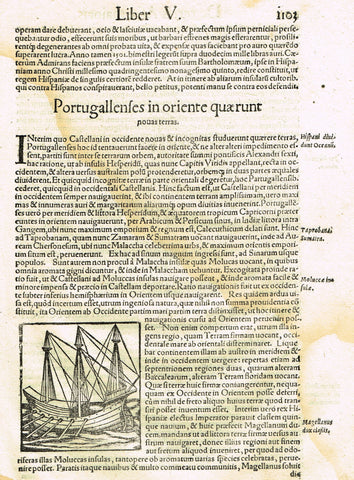 Sebastian Munster's Cosmographia - "PORTUGESE GALLEON" - Woodcut - c1580