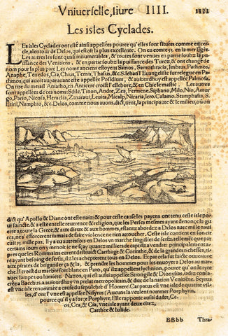 Sebastian Munster's Cosmographia - "LES ISLES CYCLADES" - Woodcut - c1580