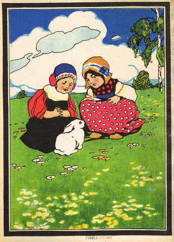 Antique Children's Print - "TWO GIRLS WITH BUNNY" - Printed in Checkoslovakia - 1928