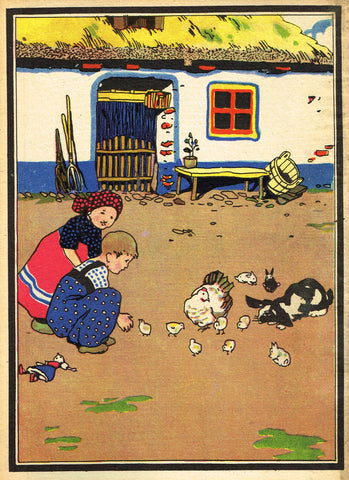 Antique Children's Print - PLAYING WITH CHICKEN, CHICKS AND RABBITS -  1928