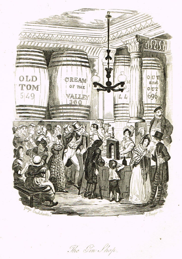 Crukshanke's 'Sketches by Boz' from Dickens - "THE GIN SHOP" - Lithograph - 1839
