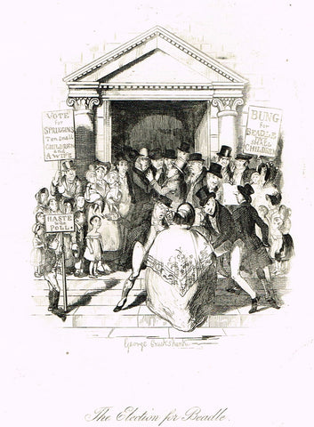 Crukshanke's 'Sketches by Boz' from Dickens - "THE ELECTION OF BEADLE" - Lithograph - 1839