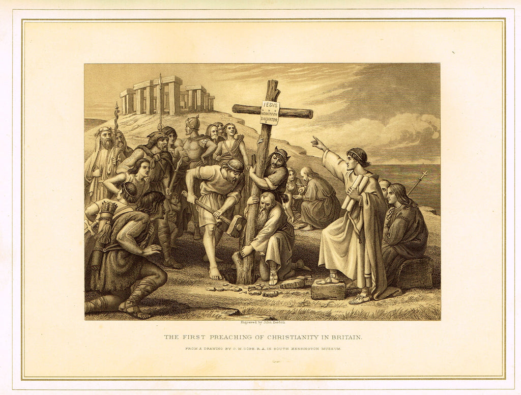 Archer's  - THE FIRST PREACHING OF CHRISTIANITY IN BRITAIN - Tinted Lithograph - 1880