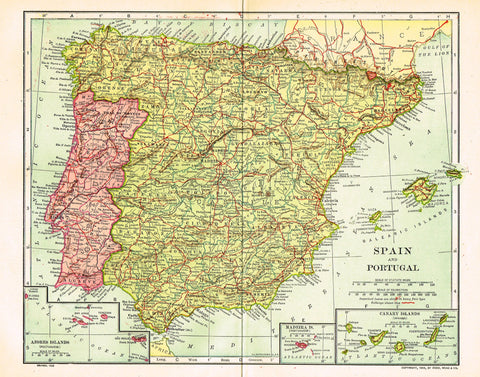 Dodd Mead's Universal Atlas - ""SPAIN & PORTUGAL" - Chromolithograph - 1906