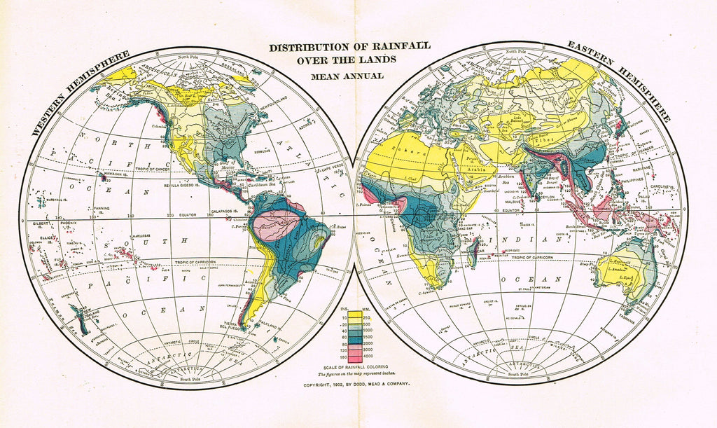 Dodd Mead's Universal Atlas - "DISTRIBUTION OF RAINFALL OVER THE LANDS" - Chromolithograph - 1906