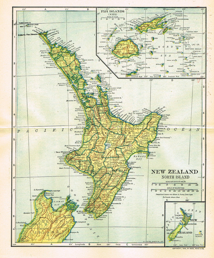 Dodd Mead's Universal Atlas - "NEW ZEALAND - NORTH ISLANDS" - Chromolithograph - 1906