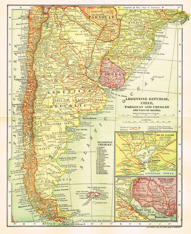 Dodd Mead's Atlas - "ARGENTINE REPUBLIC, CHILE, PARAGUAY & URUGUAY" - Chromo - 1906