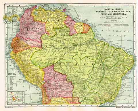 Dodd Mead's Atlas - "BOLIVIA, BRAZIL, COLUMBIA, EQUADOR, GUIDA.... " - Chromo - 1906