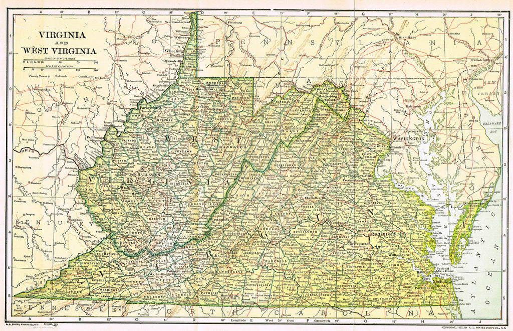 Dodd Mead's Universal Atlas - "VIRGINIA & WEST VIRGINIA" - Chromolithograph - 1906