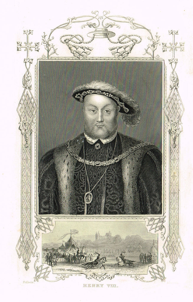 Elaborate Scrollwork Royal Portrait - "HENRY VIII" - Steel Engraving - c1840