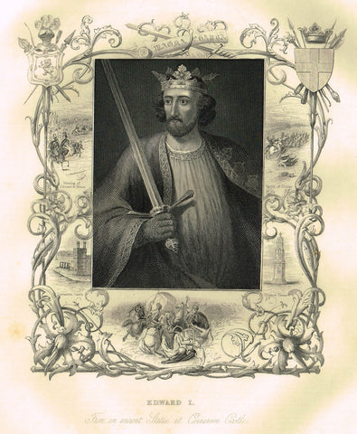 Elaborate Scrollwork Royal Portrait - "EDWARD I" - Steel Engraving - c1840