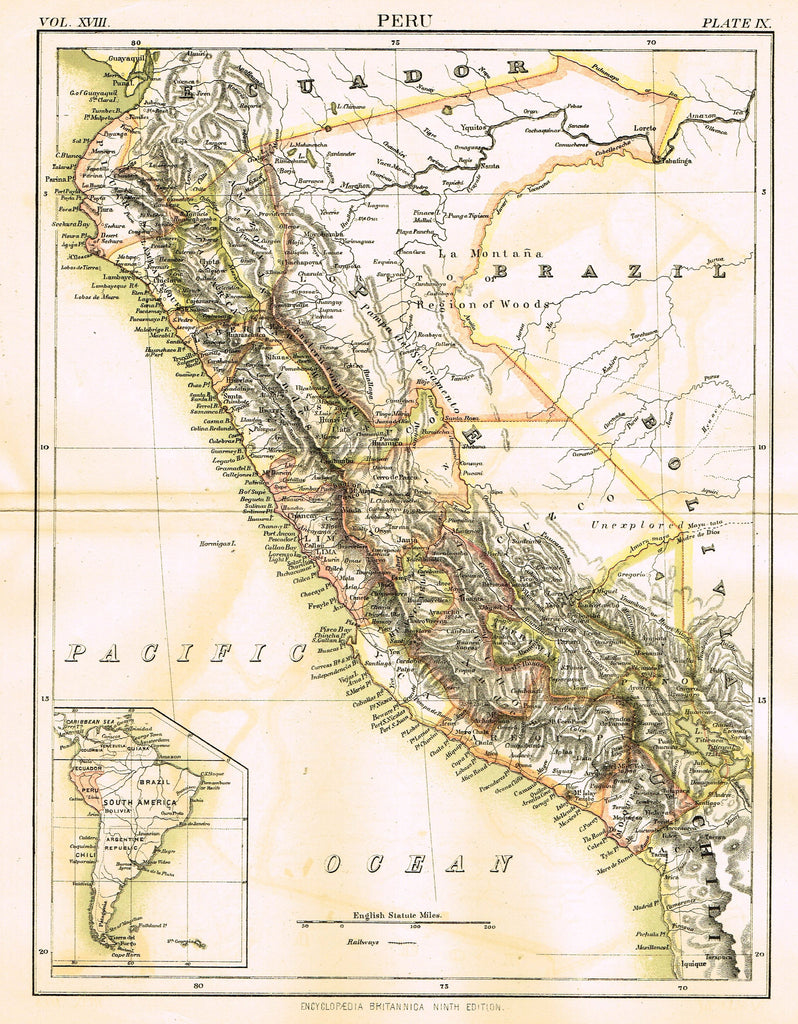 Misc. Antique Map - "PERU" from Encyclopedia Britannica - Ninth Edition - Chromolithogrpaph - 1889