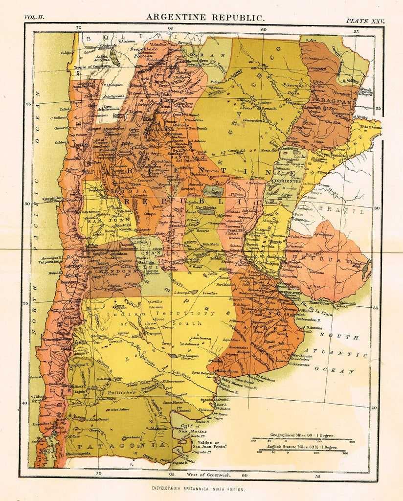 Misc. Antique Map - "ARGENTINE REPUBLIC" from Encyclopedia - Ninth Edition - Chromo - 1889