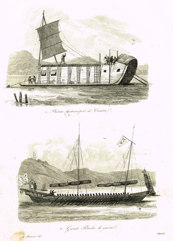 De Sainson's 'Autour du Monde' - "BATEAU DE TRANSPORT DE CANTON" - (CHINA) - Steel Engraving - 1836
