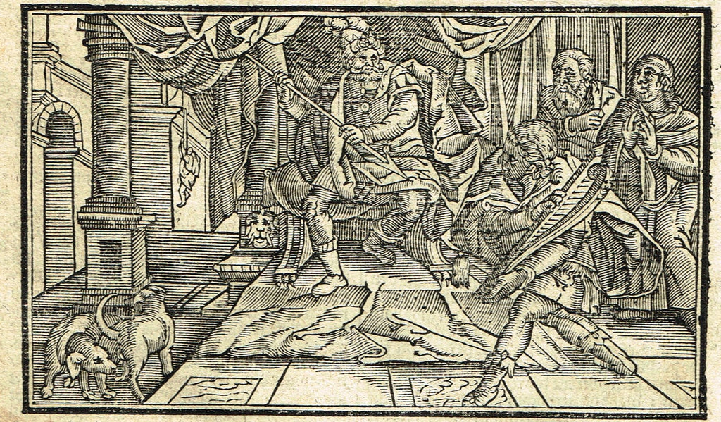 Dutch Bible Print - "SAUL TRIES TO KILL DAVID" - Woodcut - 1636