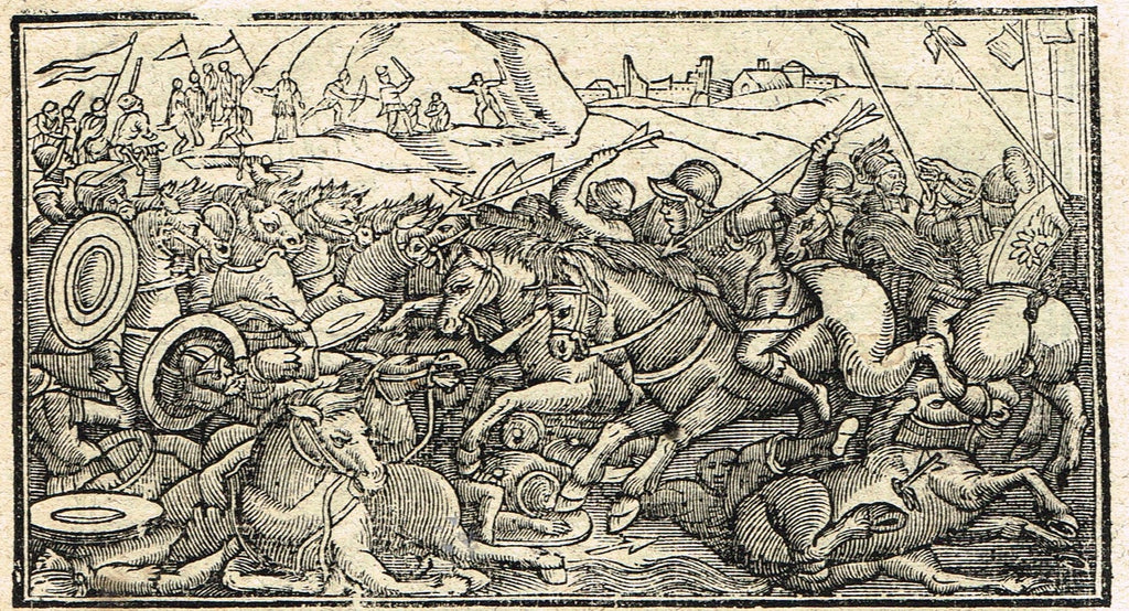 Dutch Bible Print - "BATTLE WITH HORSES" - Woodcut - 1636