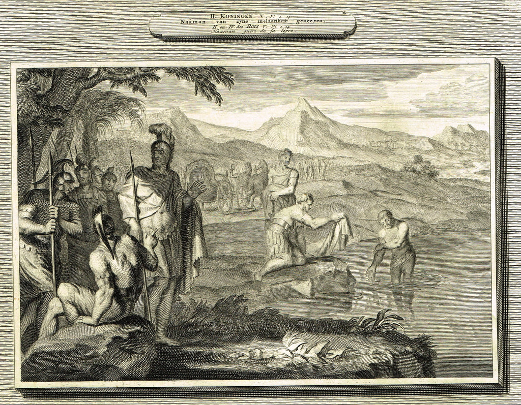 Antique Bible Print by Mortier - "NAAMAN OF HIS LEPROCY CURED"  - Copper Engraving - 1700