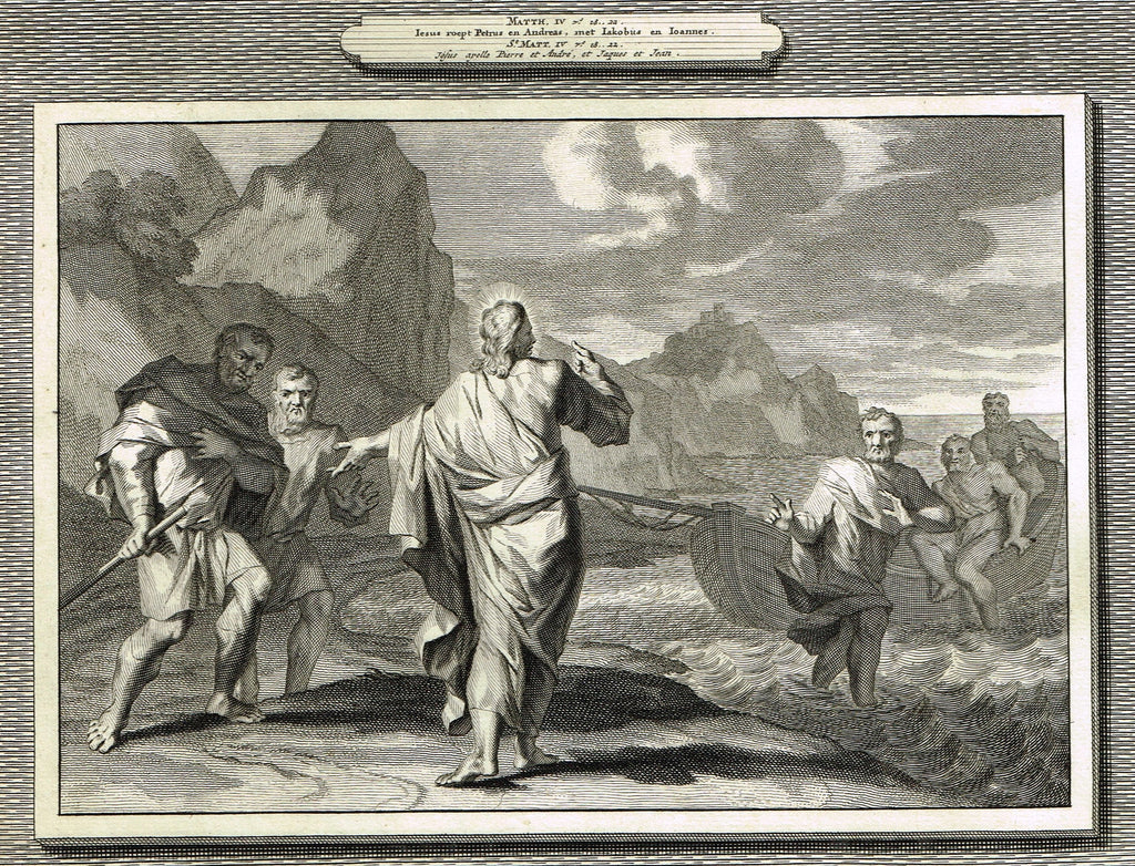 Antique Bible Print by Mortier - "JESUS CALLS PETER & ANDREW"  - Copper Engraving - 1700