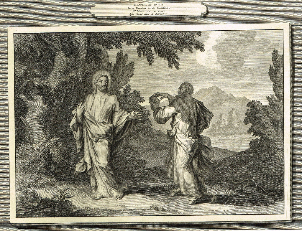 Antique Bible Print by Mortier - "JESUS IN THE DESERT"  - Copper Engraving - 1700