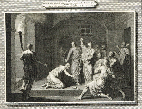 Antique Bible Print by Mortier - "PAUL & SILAS IN PRISON"  - Copper Engraving - 1700
