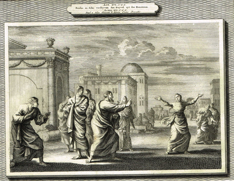 Antique Bible Print by Mortier - "PAUL & SILAS TAKE OUT DEMON"  - Copper Engraving - 1700